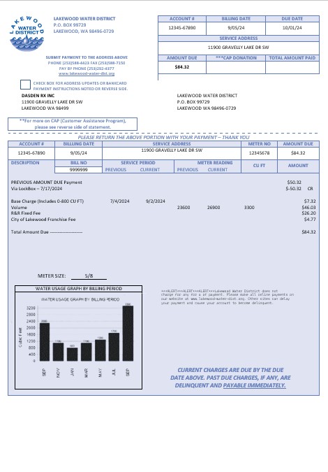 USA Lakewood Water District business utility bill template in Word and PDF formats